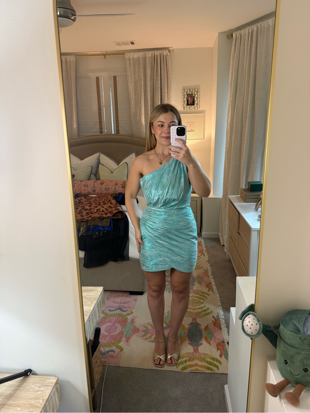 Ramy Brook One-Shoulder Shimmer Mini Dress in Aqua